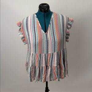 SHEIN Multicolor Striped Ruffle Sleeve Blouse